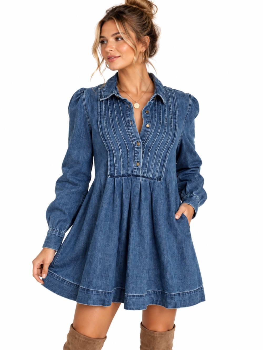 Free People Blue Denim Pintuck Babydoll Boho Western Tunic Dress/Top Size L